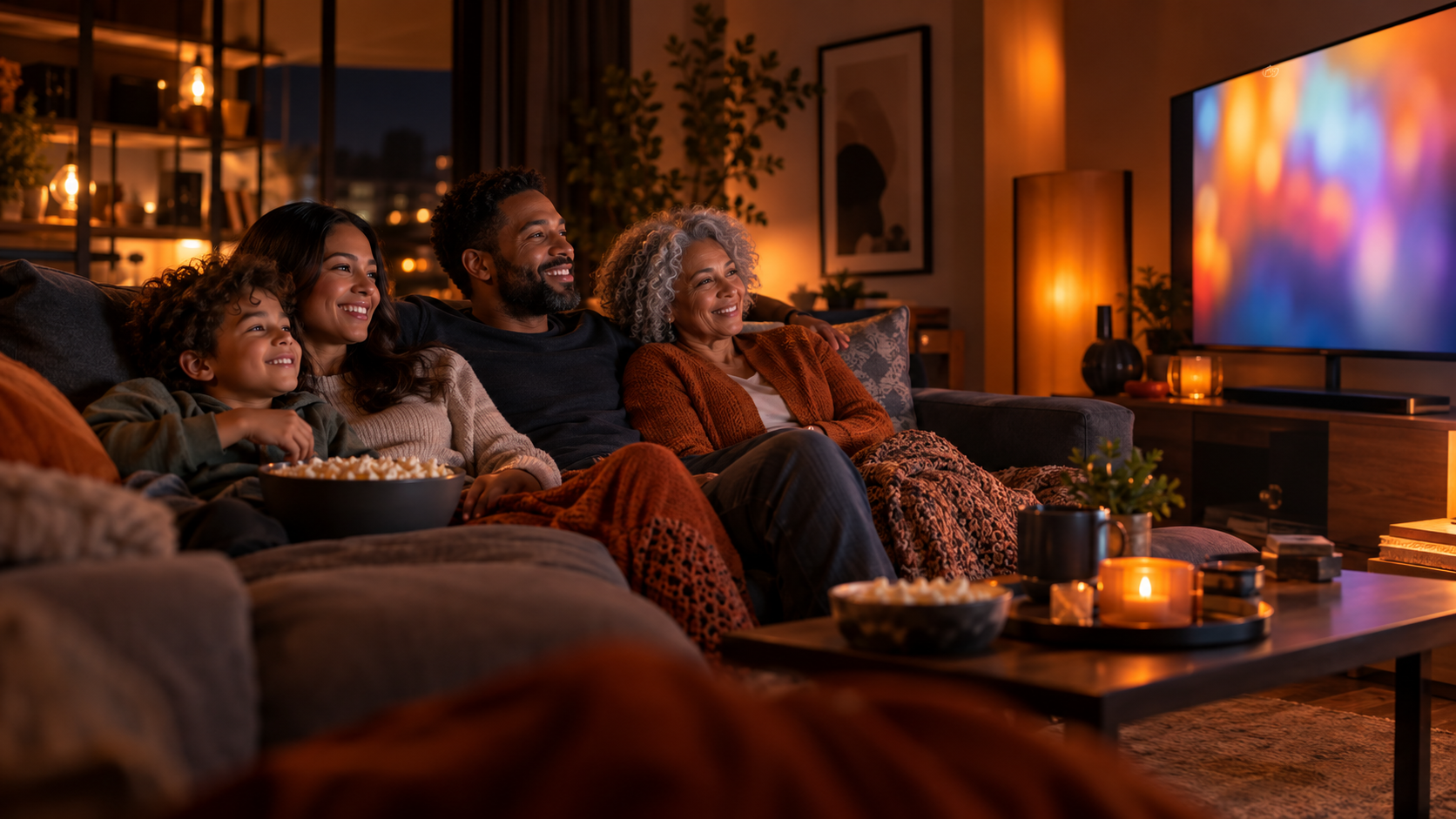Familia disfrutando de contenido en un televisor en casa