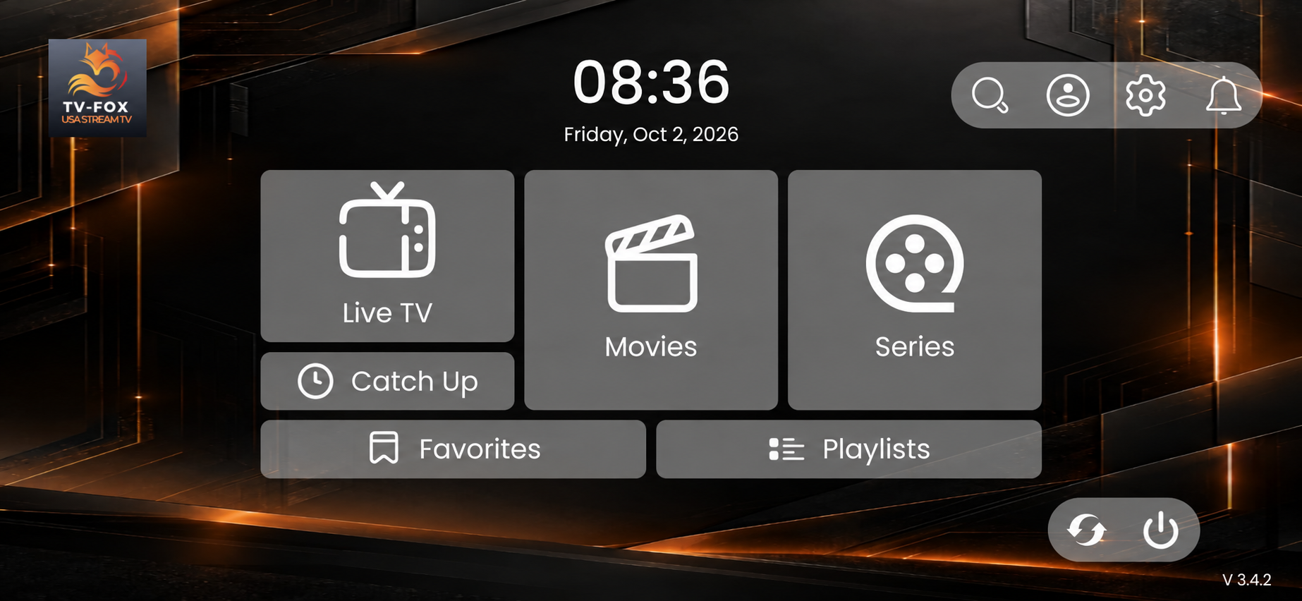 Pantalla principal de la aplicación TV-FOX con Live TV, Movies, Series y favoritos